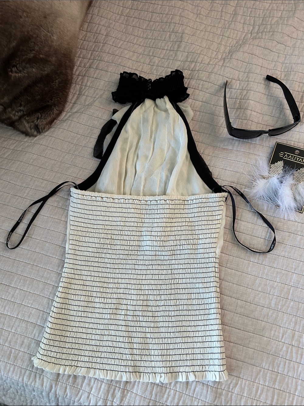 Bebe Vtg Y2K rare cream black silk ruffle halter smocked top blouse S - Picture 8 of 14
